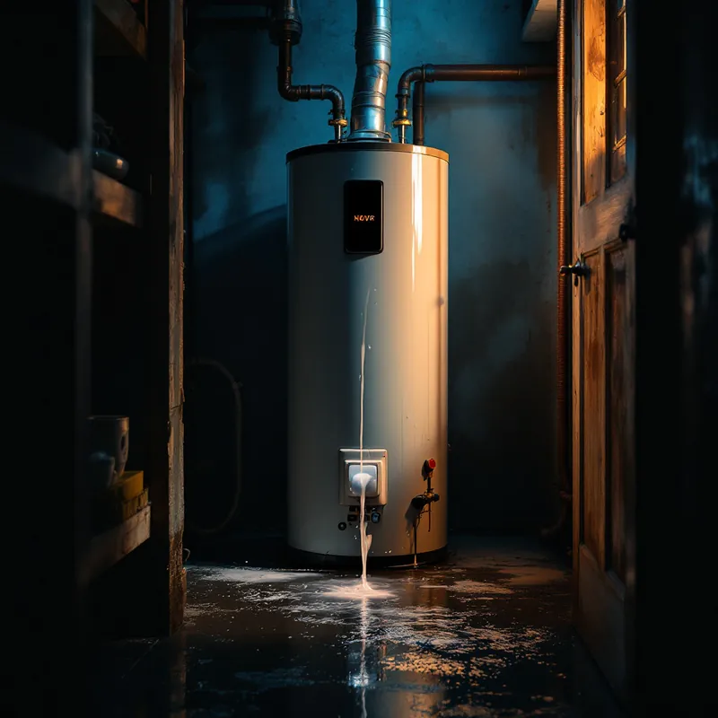 a water heater leaking water pooling around its base in a utility closet