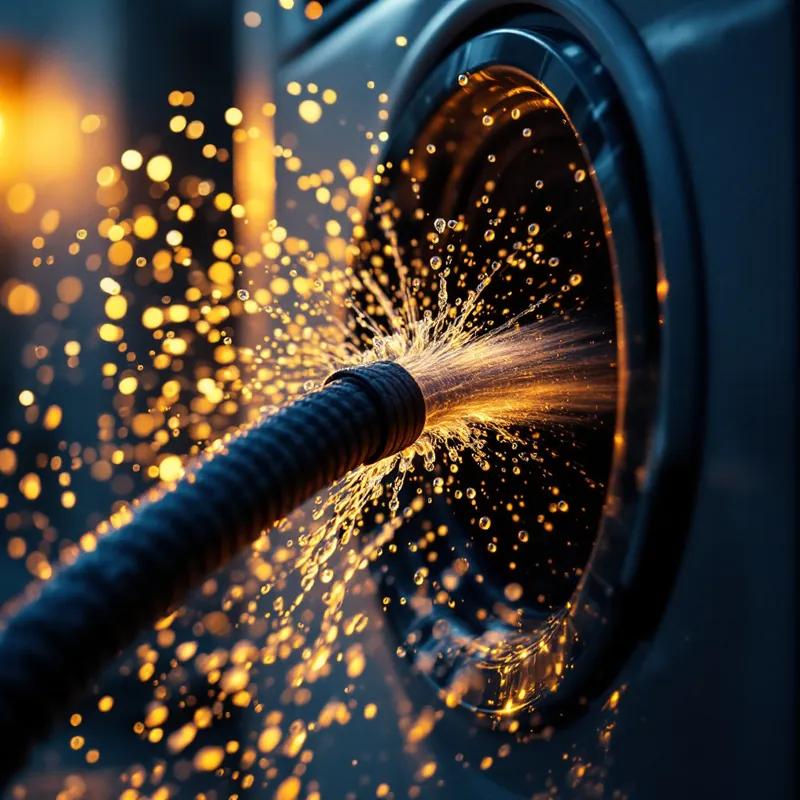 a burst braided washing-machine supply hose spraying water behind the machine
