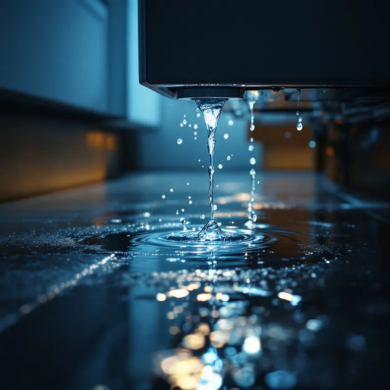 water leaking from under a dishwasher onto a kitchen floor