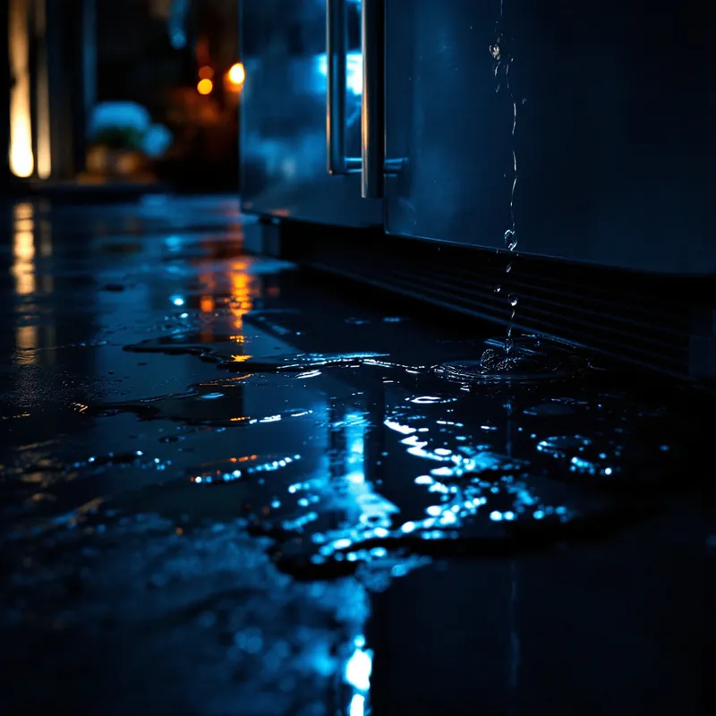 a refrigerator pulled out revealing a wet floor from an ice-maker line leak