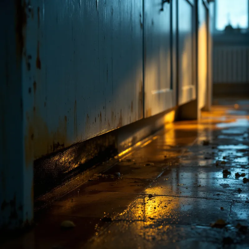 a wet warped kitchen cabinet base and subfloor from an appliance leak
