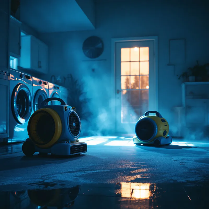 commercial air movers drying a laundry room floor after an appliance leak