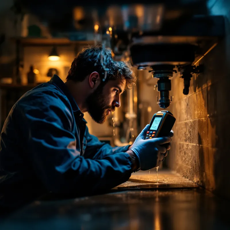 technician checking under a sink with a moisture meter