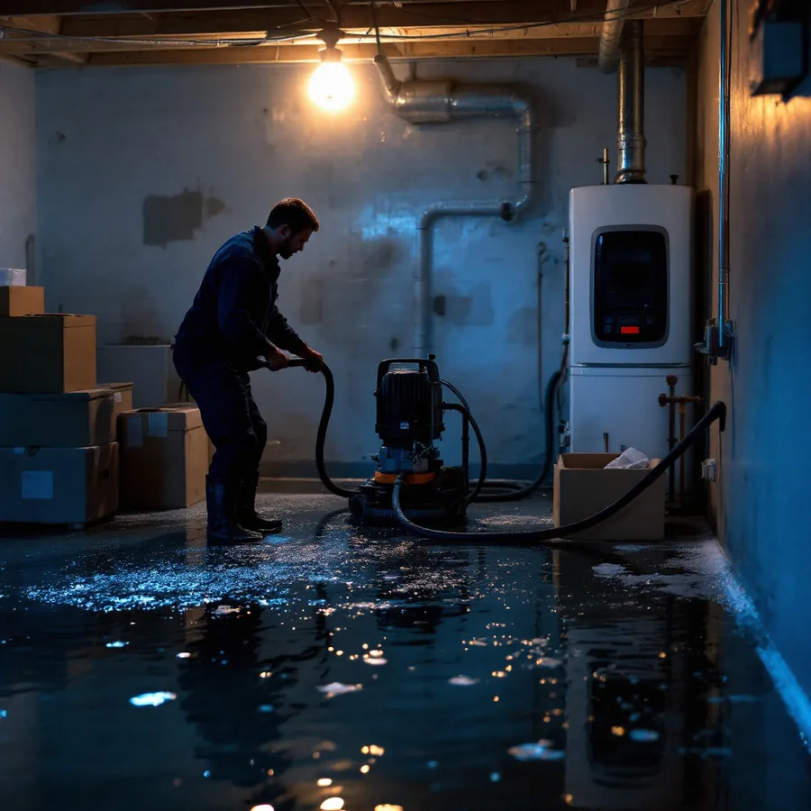 Restoration technician pumping standing water out of a flooded residential basement