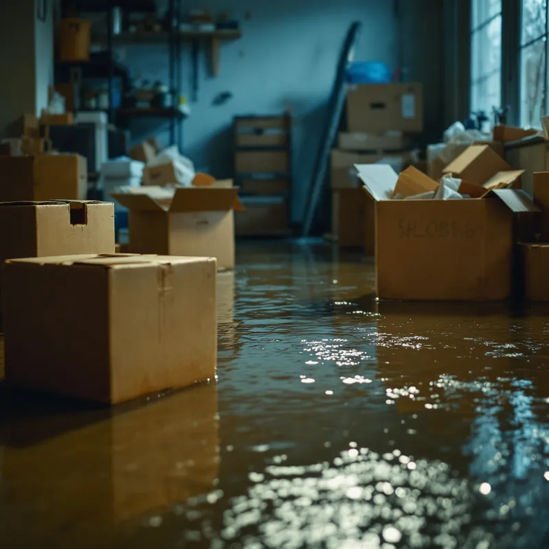 Soaked cardboard boxes and stored belongings sitting in standing water on a flooded basement floor
