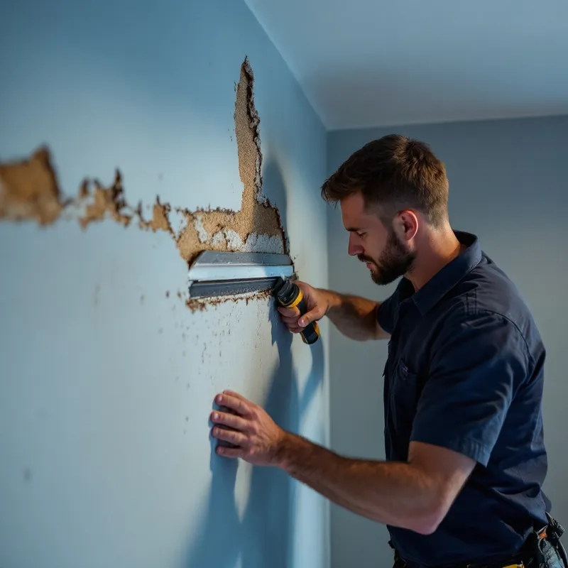 Restoration technician cutting away a strip of water-damaged drywall low on a basement wall