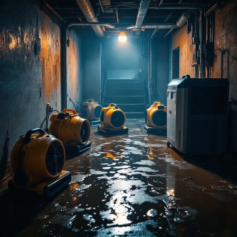 Commercial air movers and a dehumidifier running to dry a wet basement floor and walls