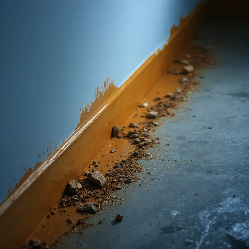 Brown high-water mark line across a basement wall showing how high the flood water rose