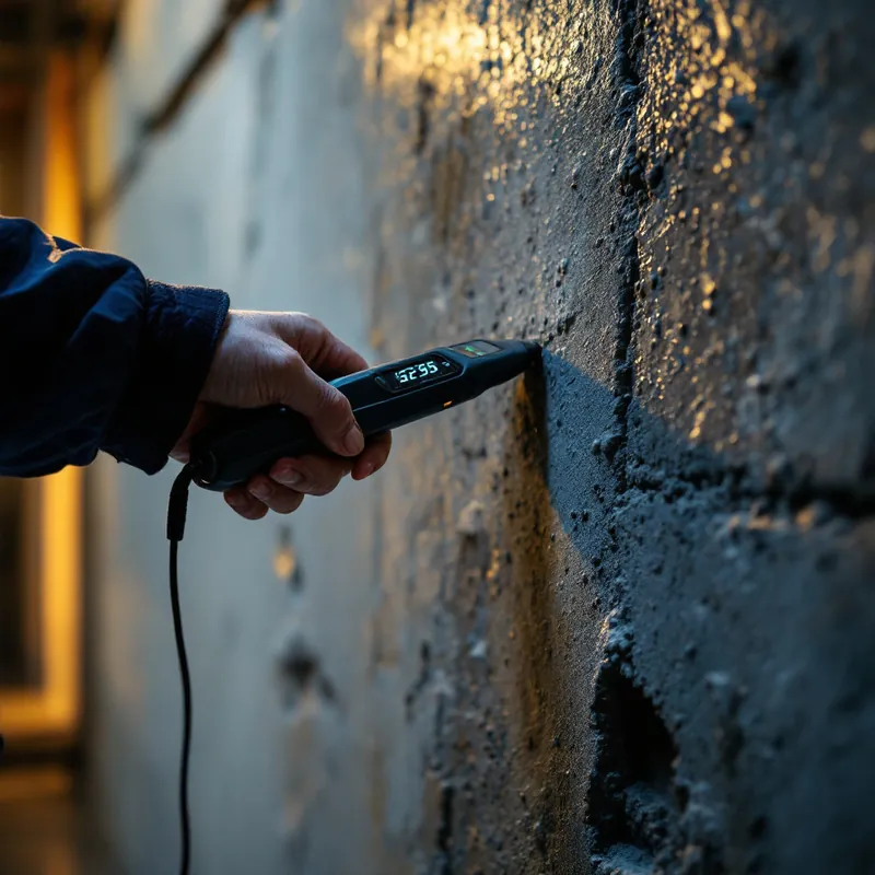 Technician pressing a digital moisture meter against a damp basement concrete wall
