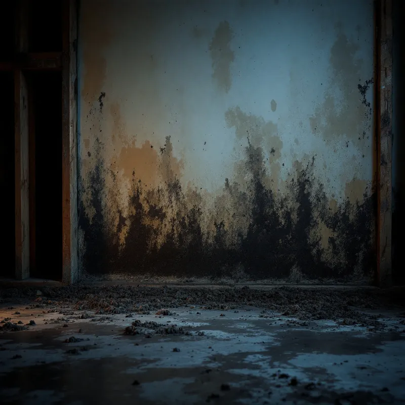 Dark mold spreading across the bottom of a basement drywall wall and framing after flooding