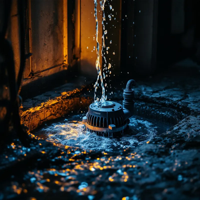 Submersible sump pump ejecting standing water through a hose in a flooded residential basement