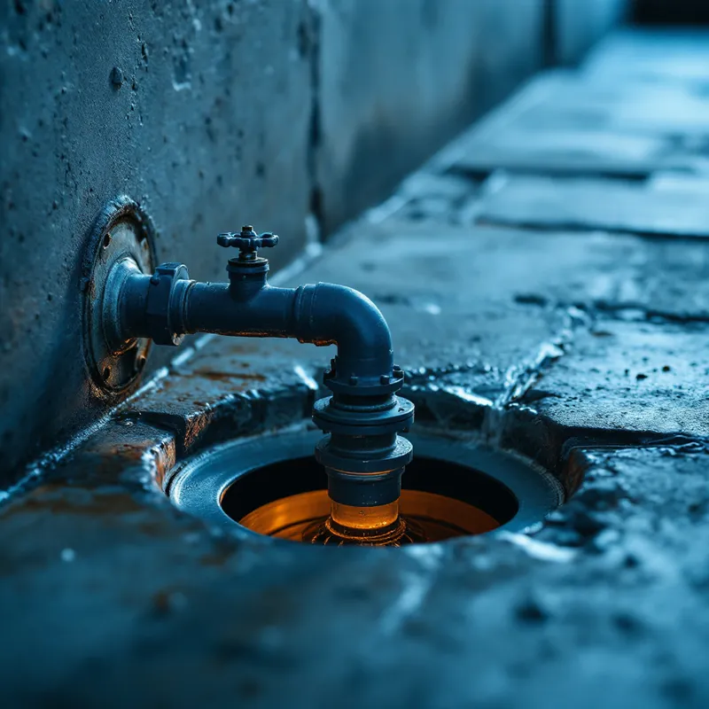 Close-up of a backwater valve and floor drain installed in a basement concrete floor
