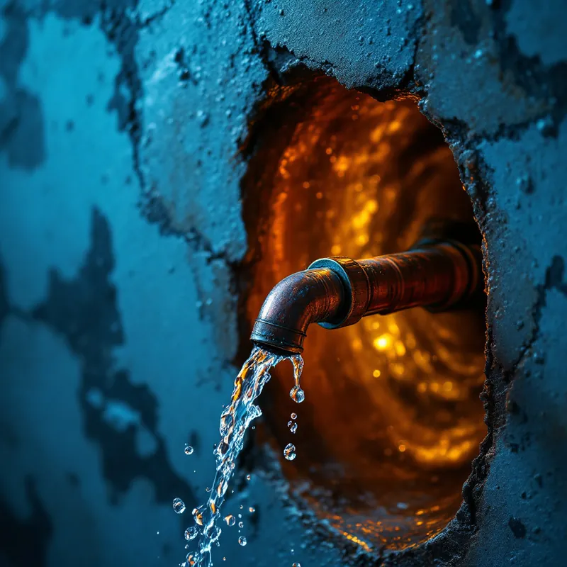 a copper water pipe split open and spraying water inside a wall cavity