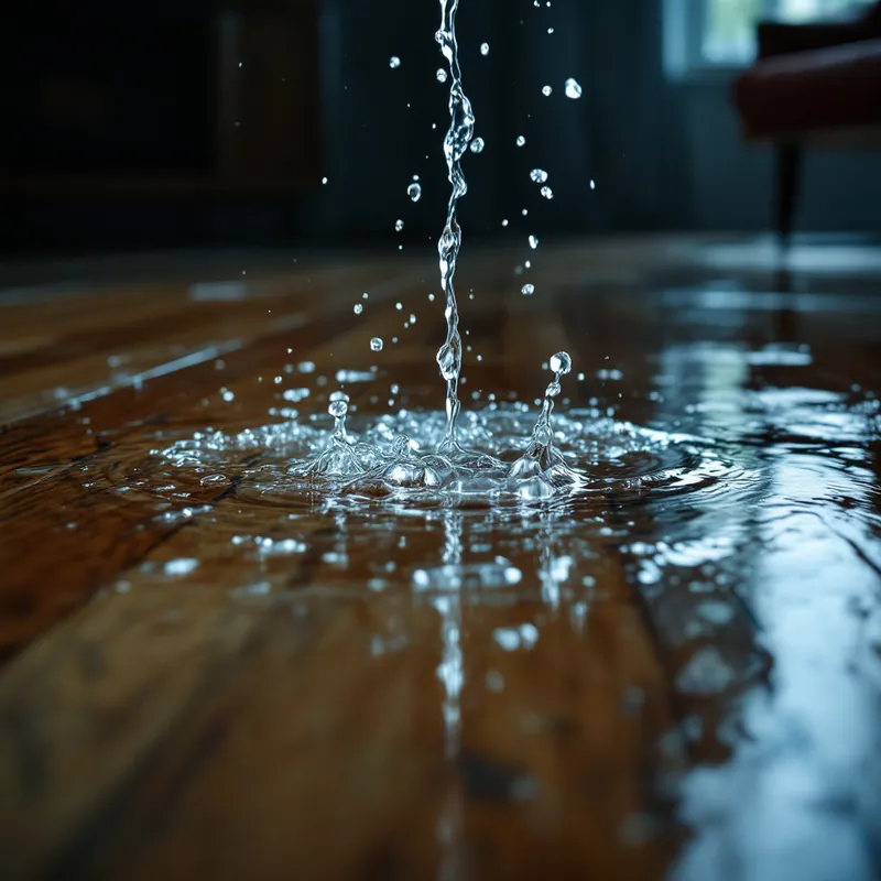 standing water spreading across a hardwood floor from a burst pipe