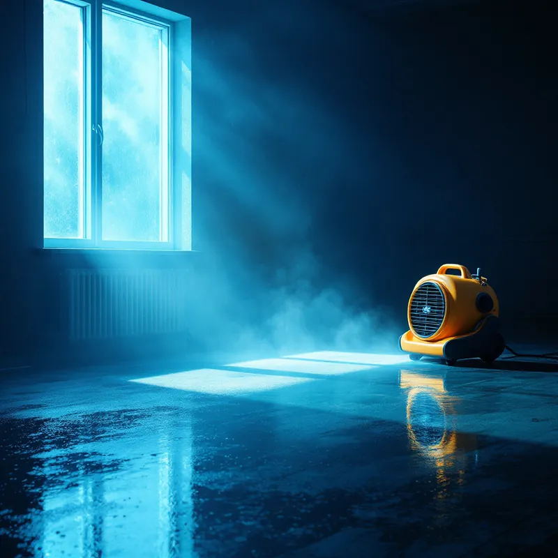 commercial air movers drying a wet wall and floor after a burst pipe