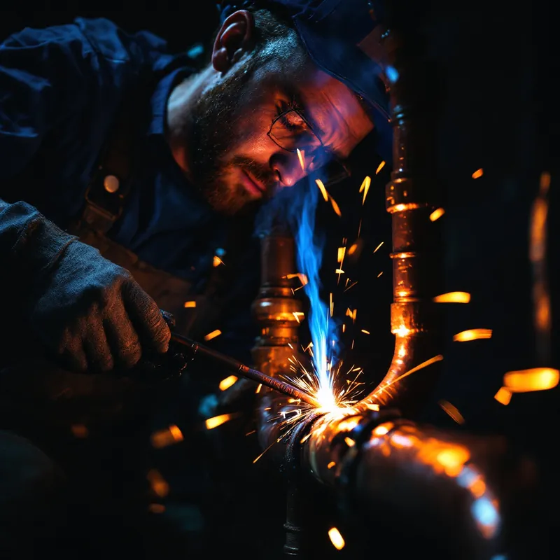 a plumber soldering a repaired section of copper pipe