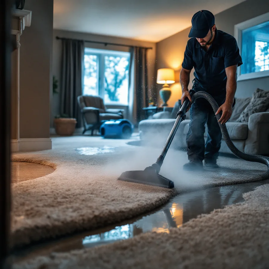 Restoration technician extracting water from soaked carpet with a professional carpet wand extractor as air movers run behind