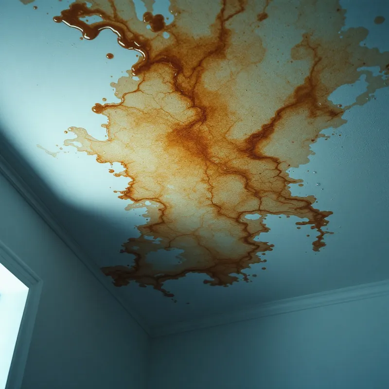 a large brown water stain spreading across a white ceiling