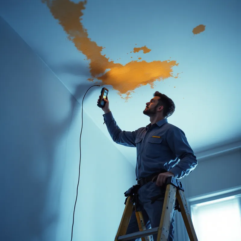 a technician on a ladder checking a ceiling stain with a moisture meter