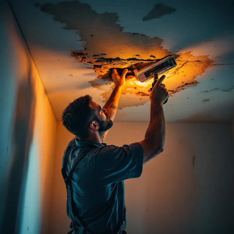 a technician removing a section of wet drywall ceiling