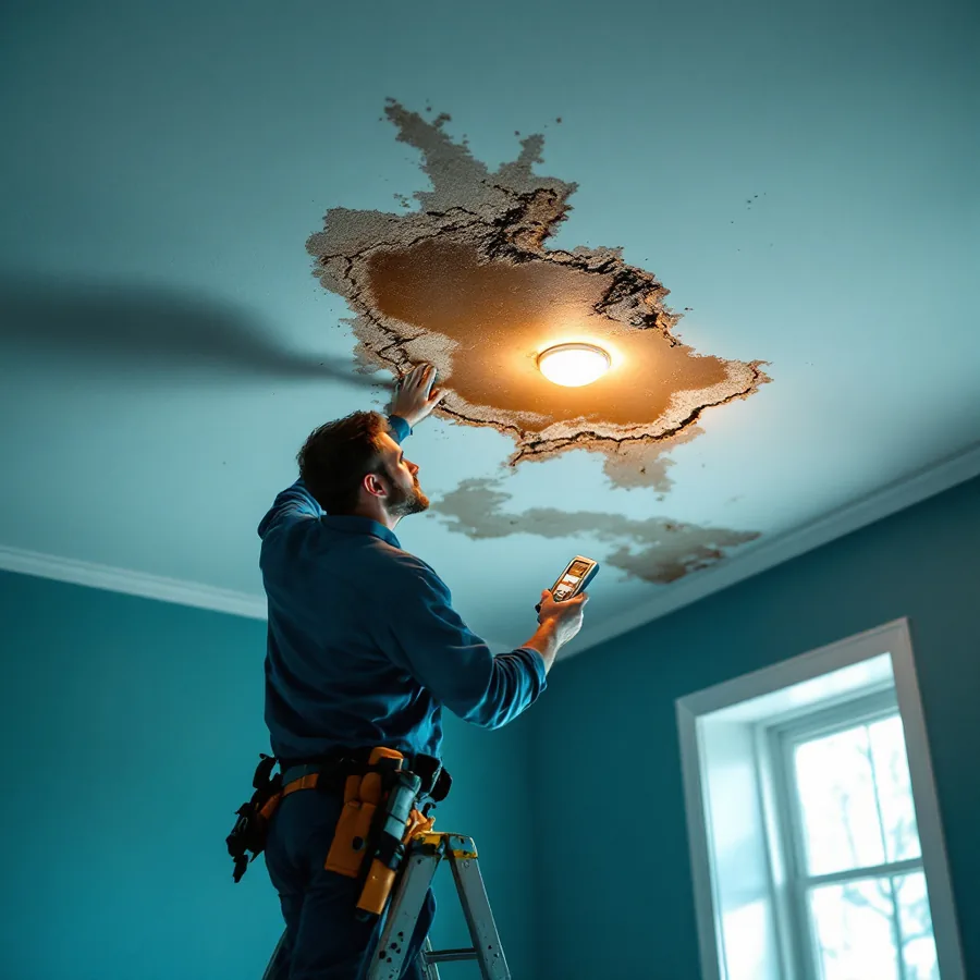 Technician on a ladder inspecting a brown water stain and sagging drywall on a home ceiling with a moisture meter