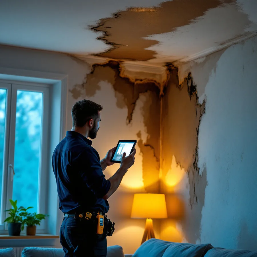 Restoration technician documenting water-damaged wall and ceiling on a tablet for an insurance claim