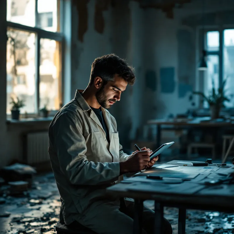 a restoration technician writing an estimate on a tablet in a damaged room