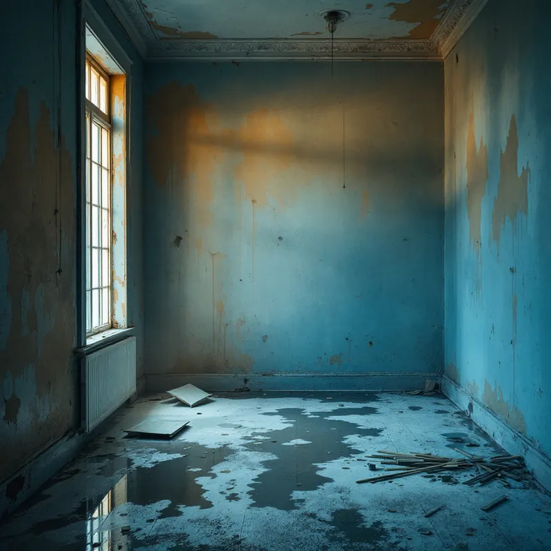a water-damaged room with wet drywall and flooring
