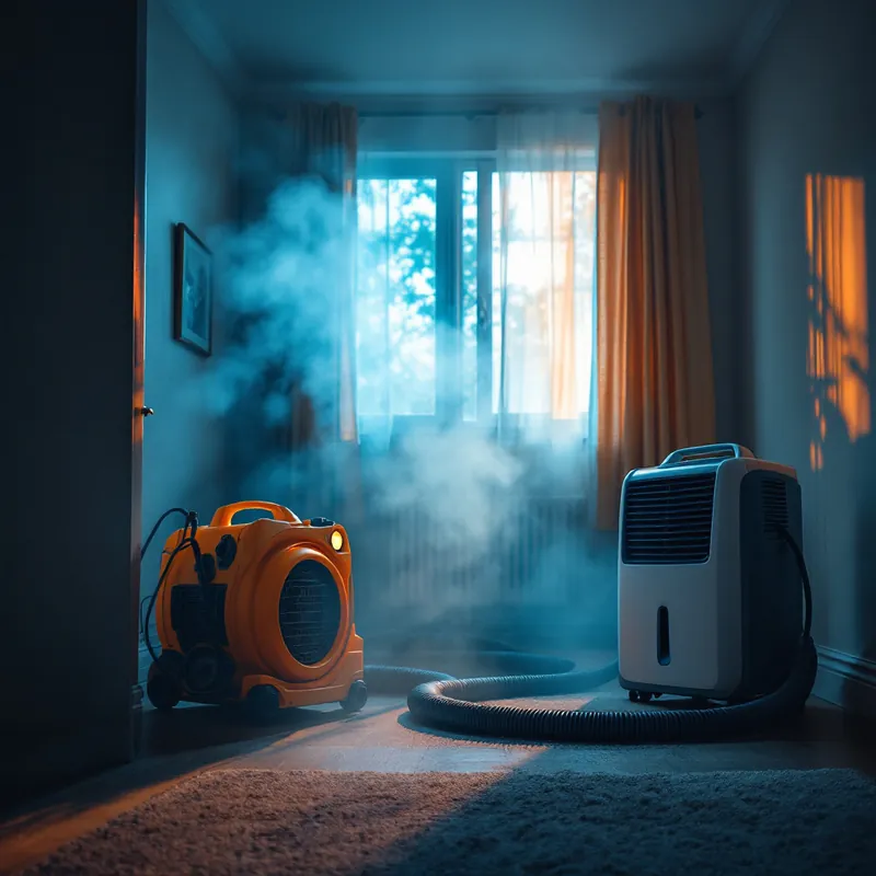 commercial air movers and a dehumidifier drying a room