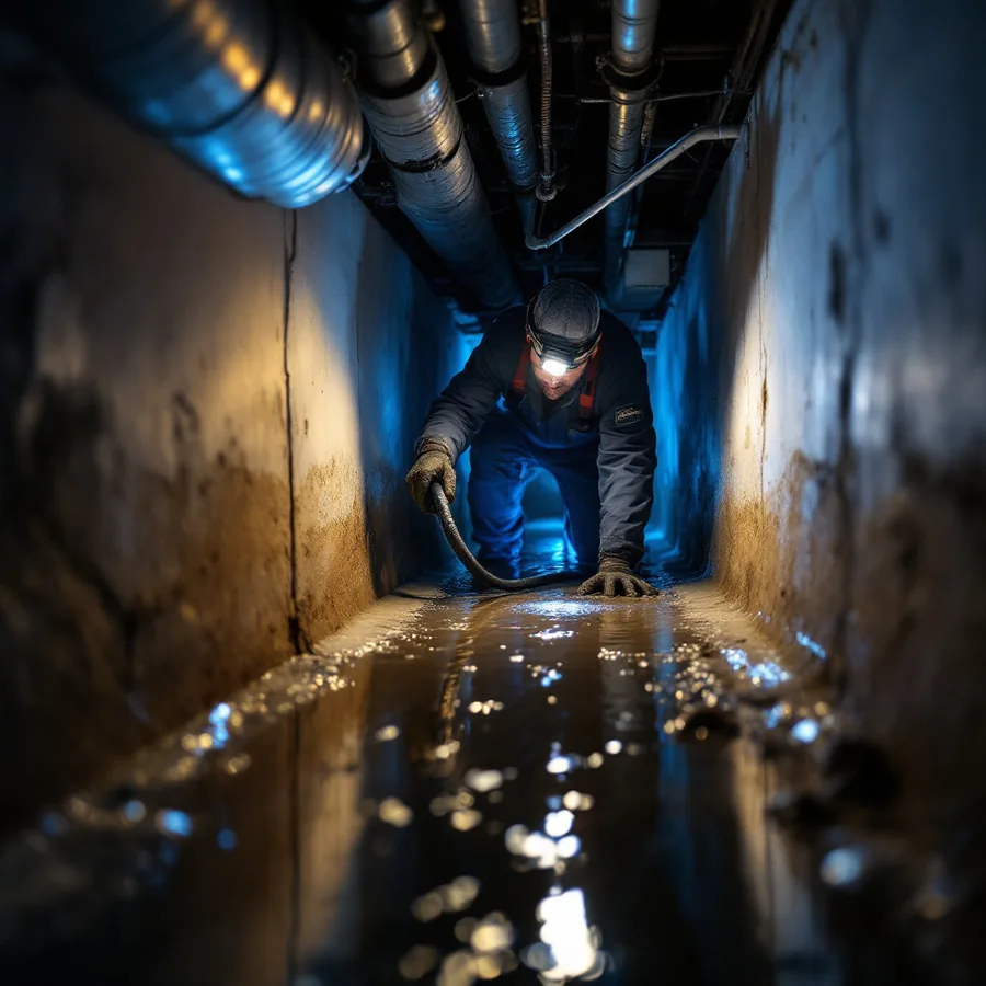 Restoration technician with a headlamp pumping standing water out of a flooded crawl space