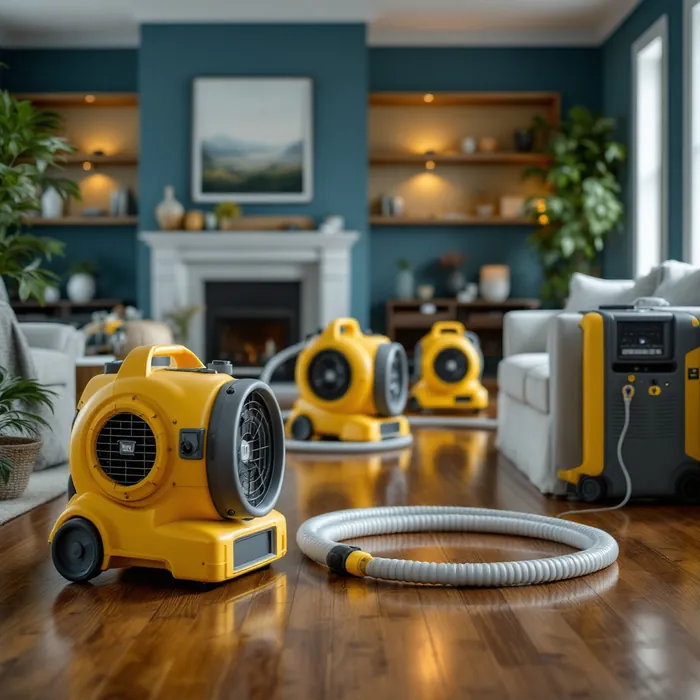 Commercial air movers and a dehumidifier drying a hardwood living-room floor