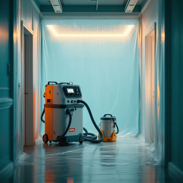 HEPA air scrubber and containment sheeting in a room being restored