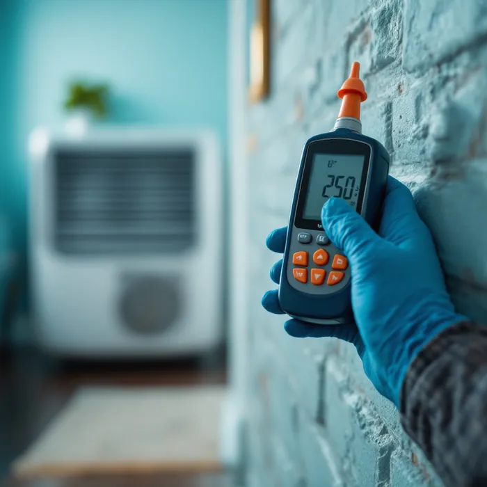 Technician checking a wall with a digital moisture meter