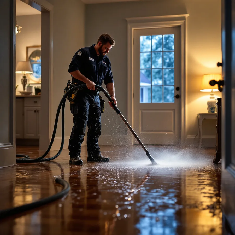 Restoration technician using a truck-mounted extraction wand to pull standing water off a flooded floor