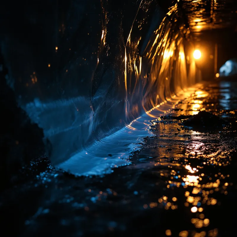 a wet torn plastic vapor barrier in a dark crawl space