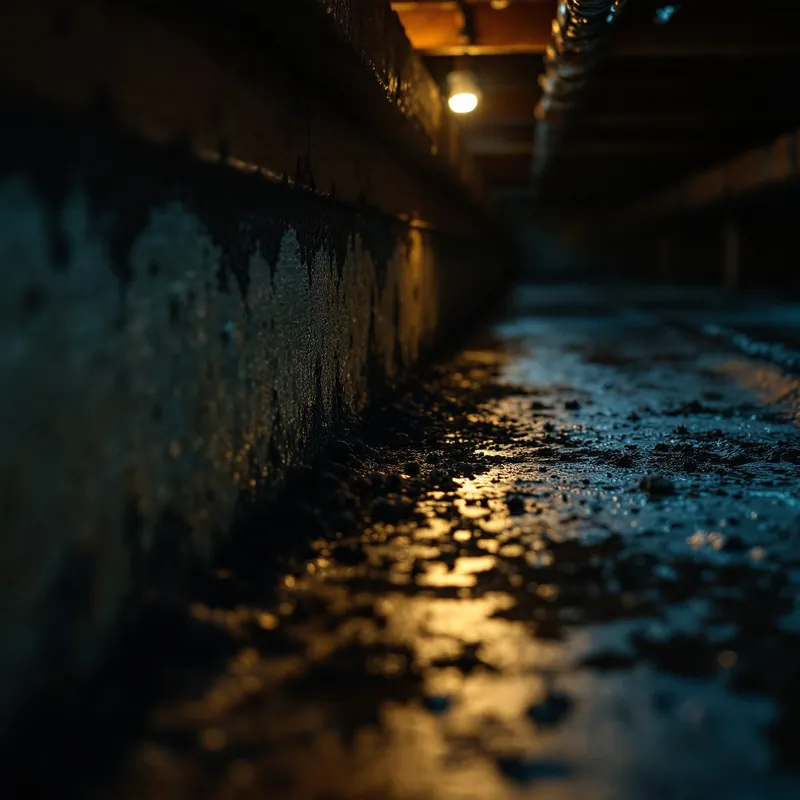 dark mold on wooden floor joists in a crawl space