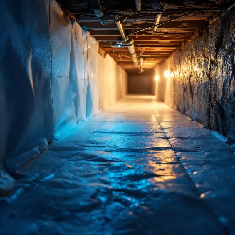 a clean encapsulated crawl space with new white vapor barrier