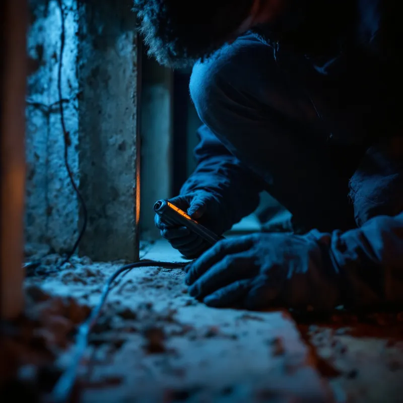 a technician checking a floor joist with a moisture meter in a crawl space