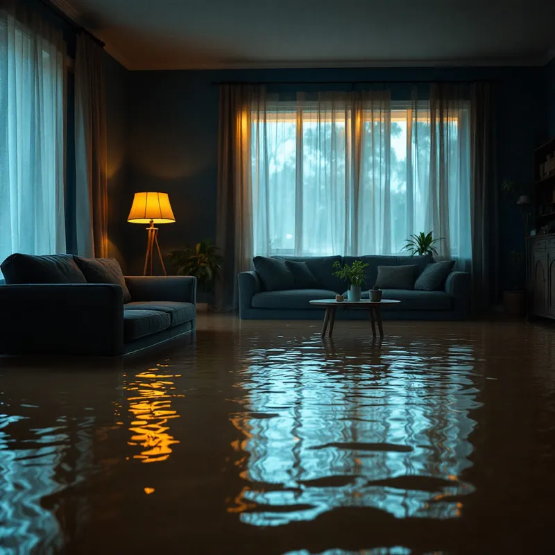 a flooded living room with several inches of muddy water