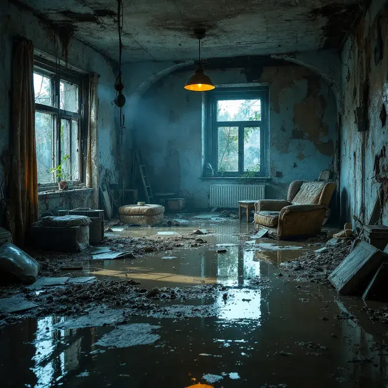 ruined water-logged furniture in a flooded room