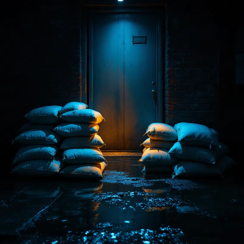 sandbags stacked against a doorway to hold back water