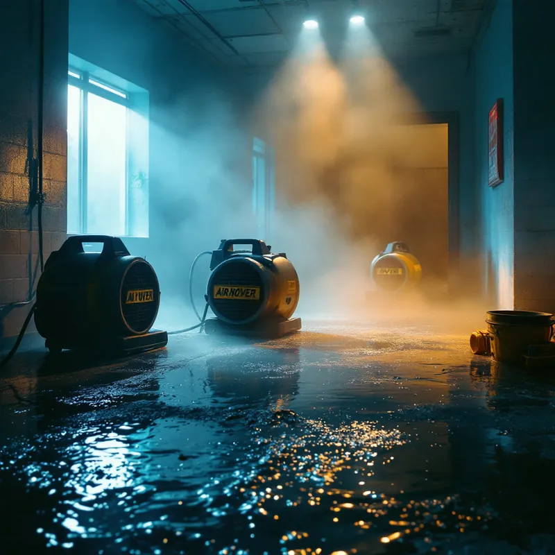 commercial air movers drying a flooded room