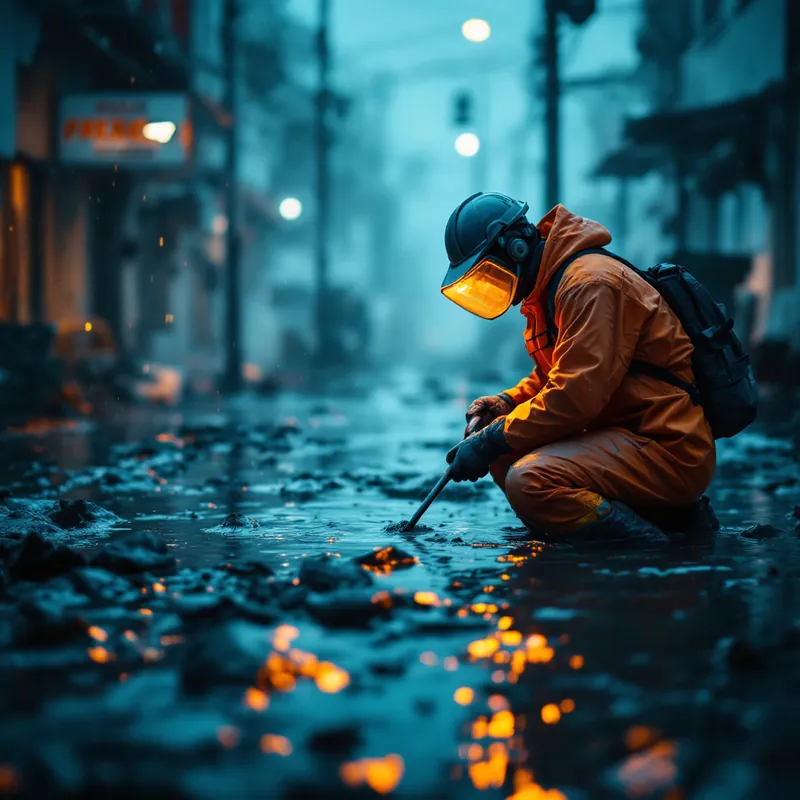 a technician in rubber waders inspecting flood damage