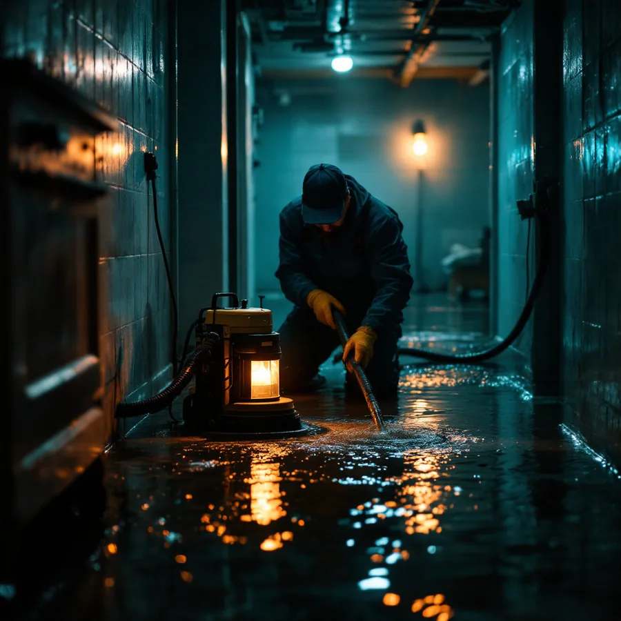 Restoration technician using a submersible pump to remove standing water from a flooded residential basement