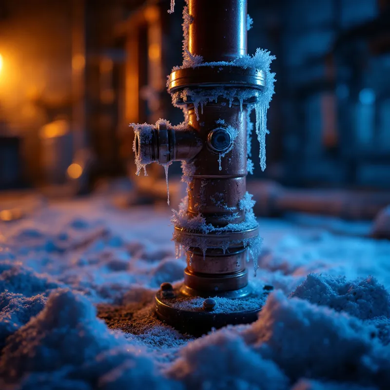 a frost-covered copper water pipe in an unheated basement