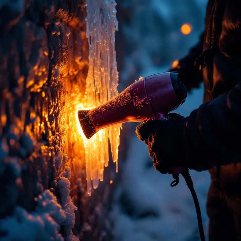 a person warming a frozen pipe with a hair dryer