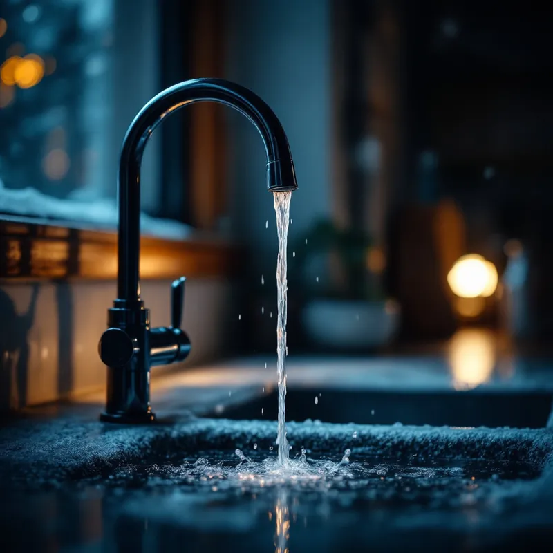 a kitchen faucet dripping a thin stream on a cold night