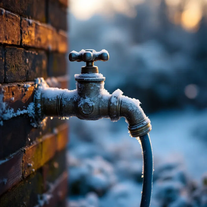 an outdoor spigot with a disconnected garden hose in winter frost