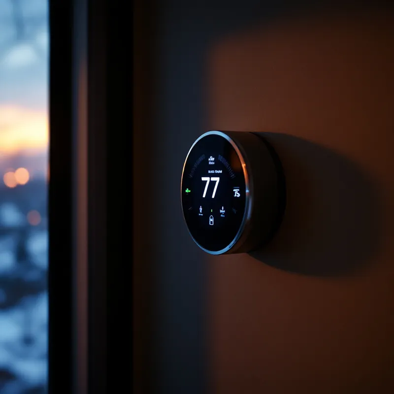 a thermostat on a wall set to keep a house warm in winter