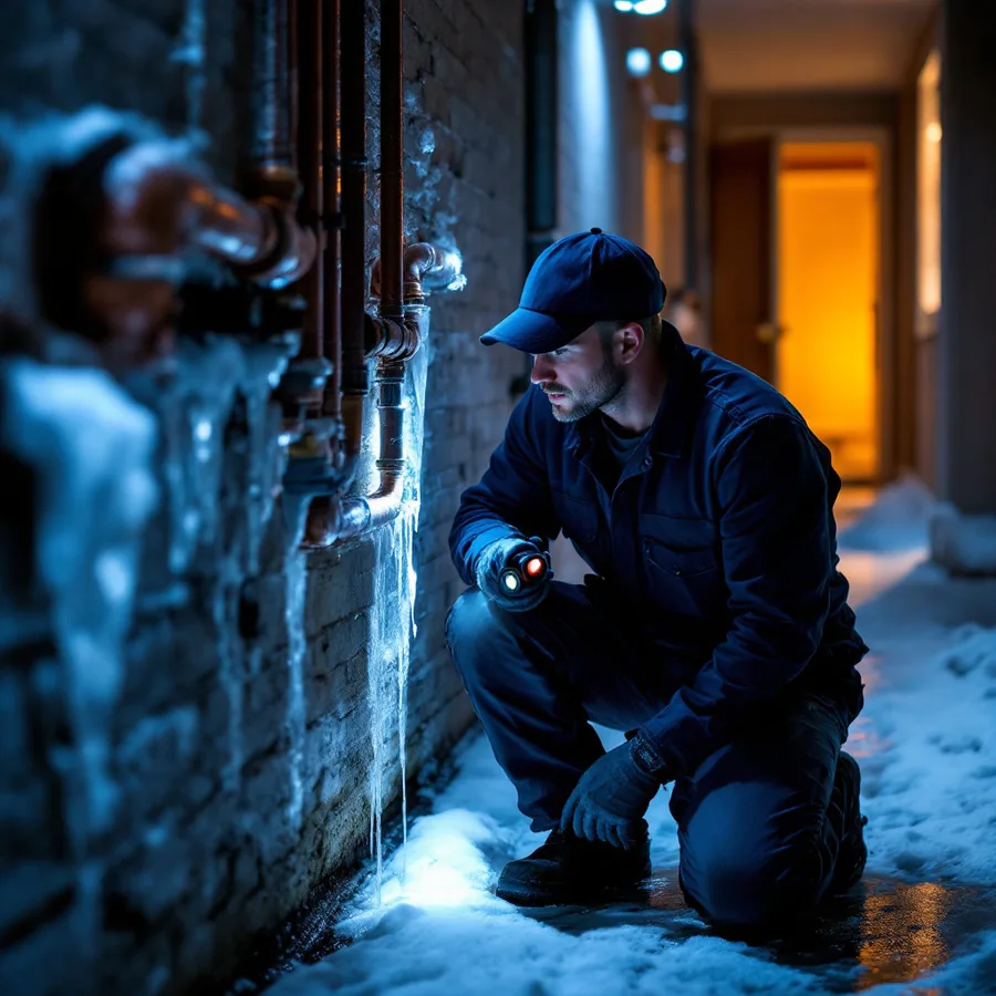 Technician with a flashlight inspecting a frost-covered copper water pipe with ice running down a basement wall